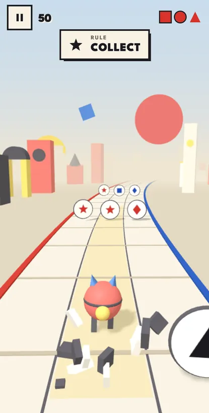 Rule Rush screen: the rule card says Collect stars, and CRIT runs towards a row of star and diamond tokens.